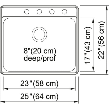 Kindred Creemore 25" x 22" Drop-in Single Bowl 4 Faucet Holes Stainless Steel Kitchen Sink - Renoz