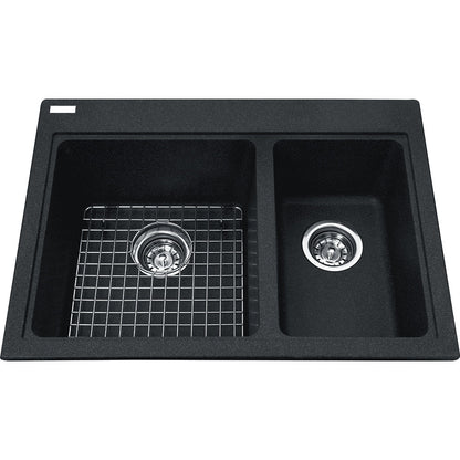 Kindred Mythos 27.75" x 20.5" Double Bowl Drop-in Kitchen Sink With Bottom Grid and Waste Fittings Granite Onyx - Renoz