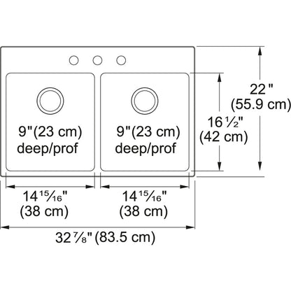 Kindred Brookmore 32.87" x 22" Drop in Double Bowl 3 Faucet Hole Stainless Steel Kitchen Sink - Renoz