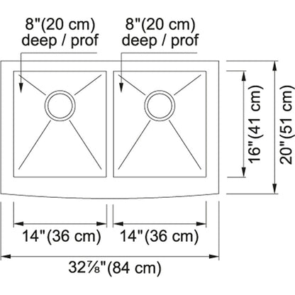 Kindred Steel Queen 32.87" x 20" Double Bowl 20 Gauge Apron Front Farmhouse Sink Stainless Steel - Renoz