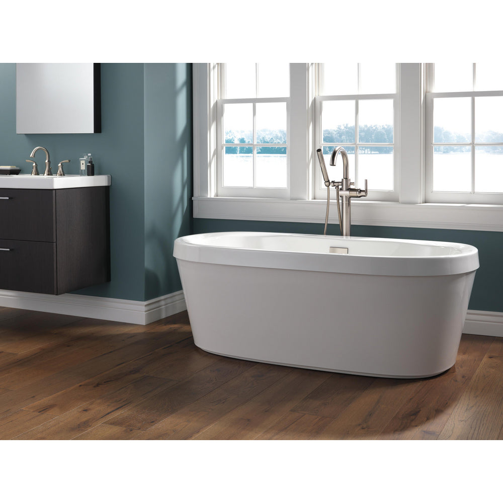 Delta TRINSIC Single Handle Floor Mount Tub Filler Trim with Hand Shower -Stainless Steel (Valves Sold Separately)