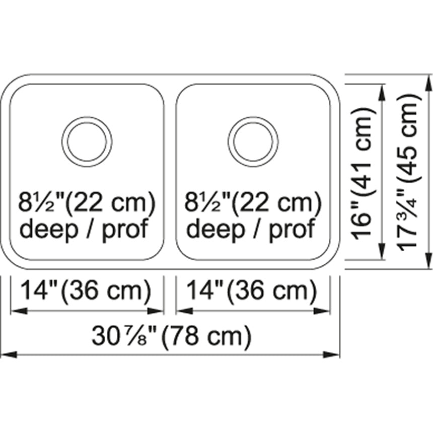 Kindred Reginox 30.87" x 17.75" Undermount Kitchen Sink, Double Bowls 18 Gauge Stainless Steel - Renoz