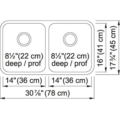 Kindred Reginox 30.87" x 17.75" Undermount Kitchen Sink, Double Bowls 18 Gauge Stainless Steel - Renoz