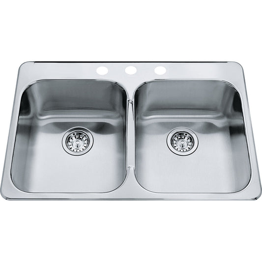 Kindred Steel Queen 31.25" x 20.5" Stainless Steel 20 Gauge Double Bowl, Equal Drop-In 3-Hole Kitchen Sink - Renoz