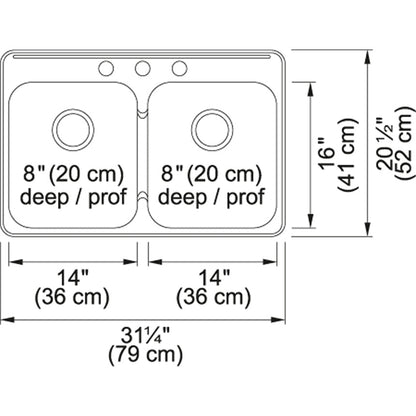 Kindred Steel Queen 31.25" x 20.5" Stainless Steel 20 Gauge Double Bowl, Equal Drop-In 3-Hole Kitchen Sink - Renoz