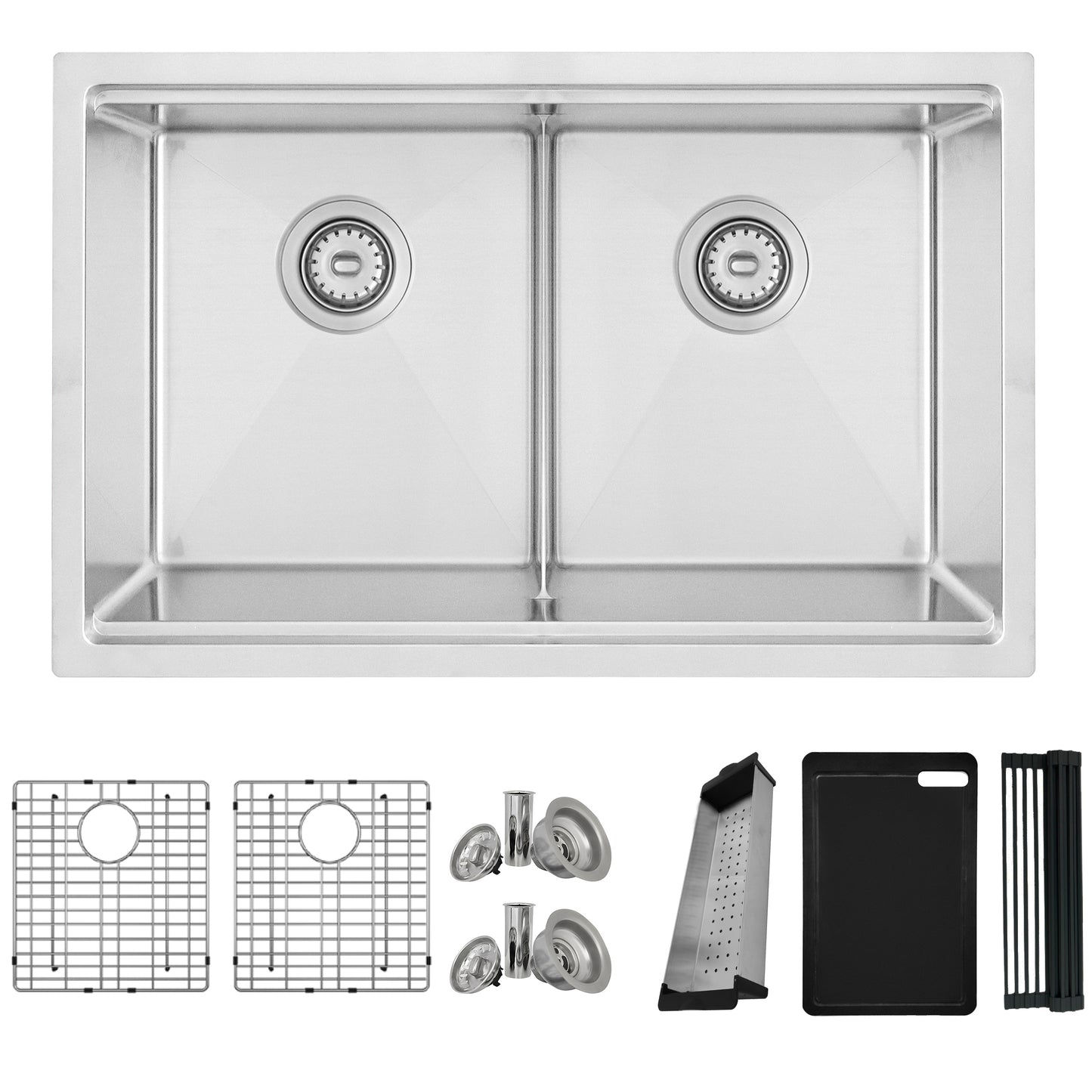 Stylish Boron 30 inch Workstation Double Bowl Undermount and Drop-in 16 Gauge Stainless Steel Kitchen Sink with Built in Accessories
