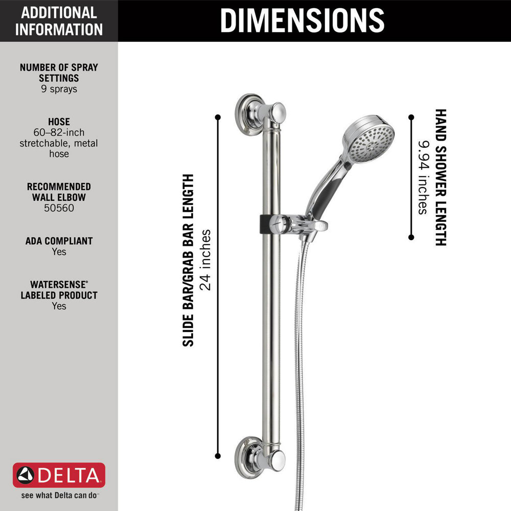 Delta ActivTouch 9-Setting Hand Shower with Traditional Slide Bar / Grab Bar- Chrome