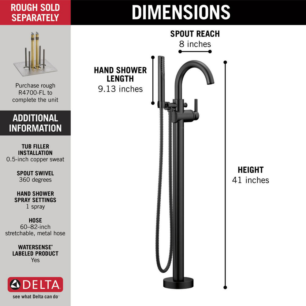 Delta TRINSIC Single Handle Floor Mount Tub Filler Trim with Hand Shower -Matte Black (Valves Sold Separately)