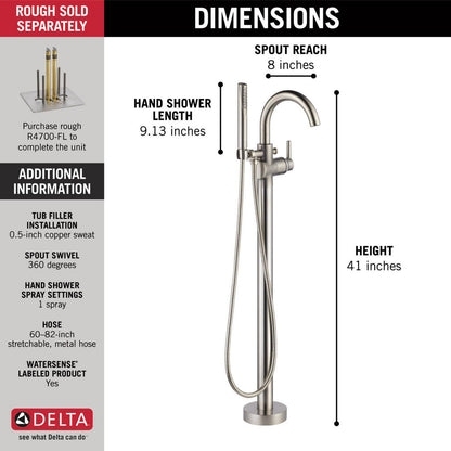 Delta TRINSIC Single Handle Floor Mount Tub Filler Trim with Hand Shower -Stainless Steel (Valves Sold Separately)