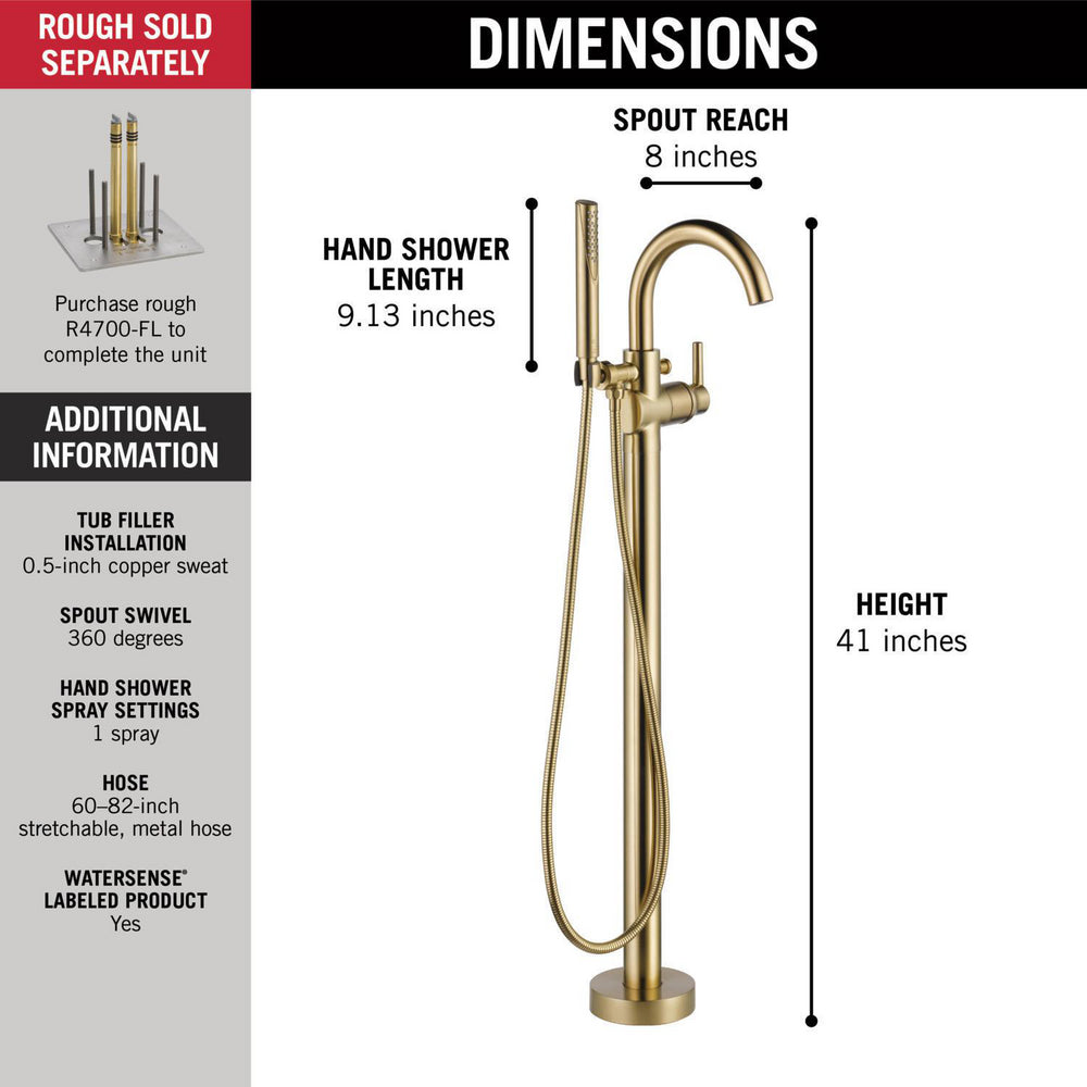 Delta TRINSIC Single Handle Floor Mount Tub Filler Trim with Hand Shower -Champagne Bronze (Valves Sold Separately)