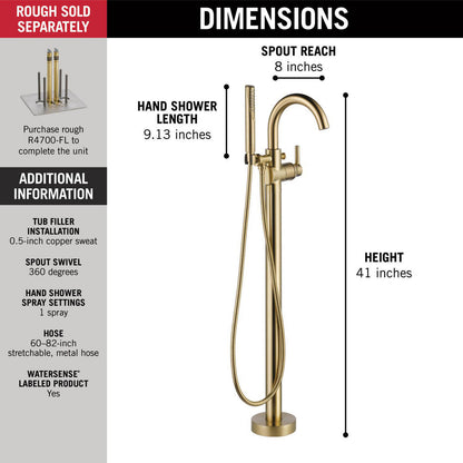 Delta TRINSIC Single Handle Floor Mount Tub Filler Trim with Hand Shower -Champagne Bronze (Valves Sold Separately)