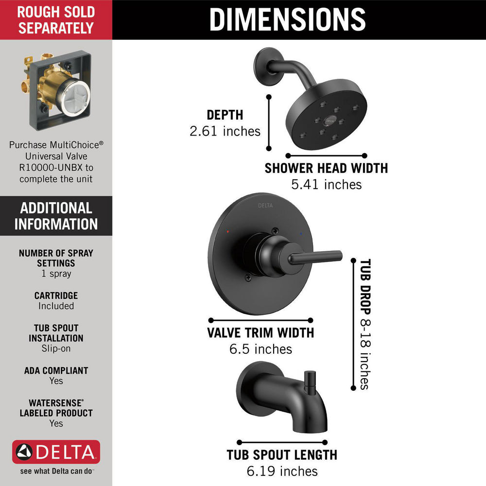 Delta TRINSIC Monitor 14 Series Tub & Shower Trim -Matte Black (Valve Sold Separately)