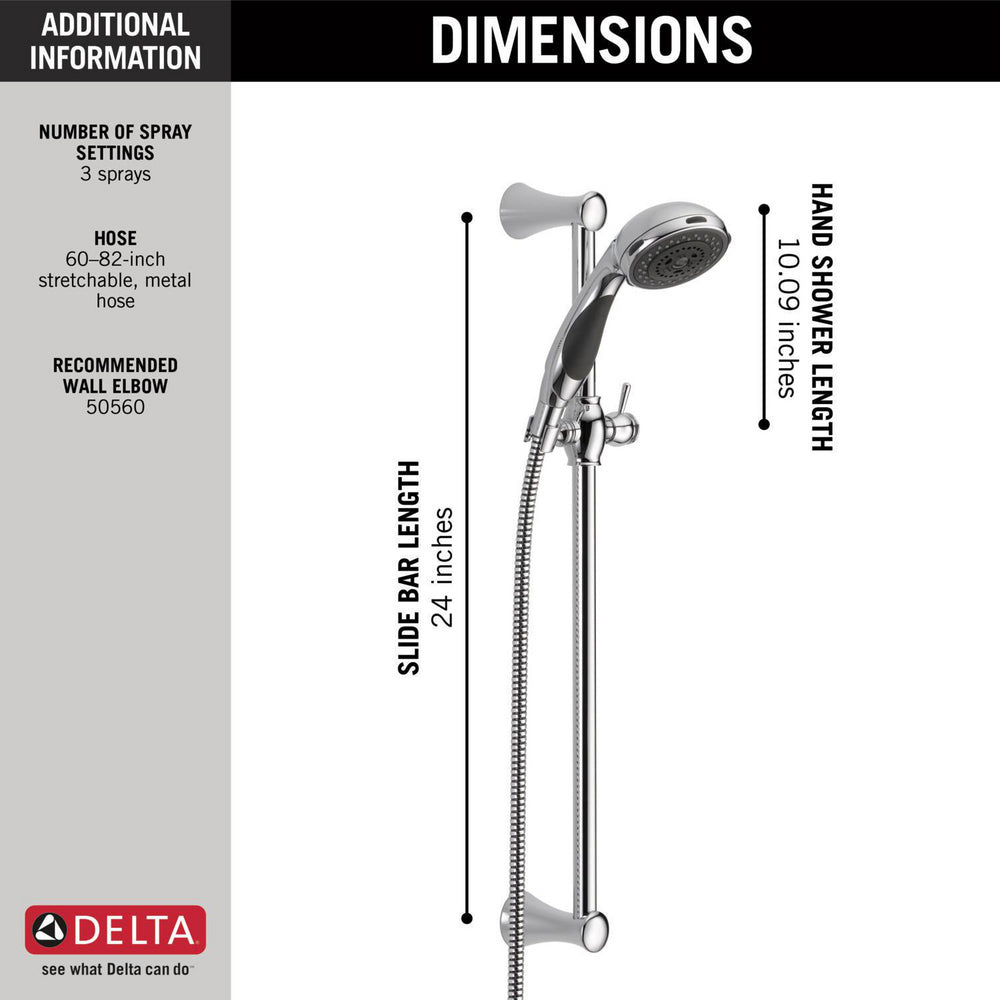 Delta Premium 3-Setting Slide Bar Hand Shower- Chrome