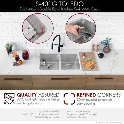 Stylish Toledo  31" Double Bowl Undermount Stainless Steel Kitchen Sink (S-410G) - Renoz