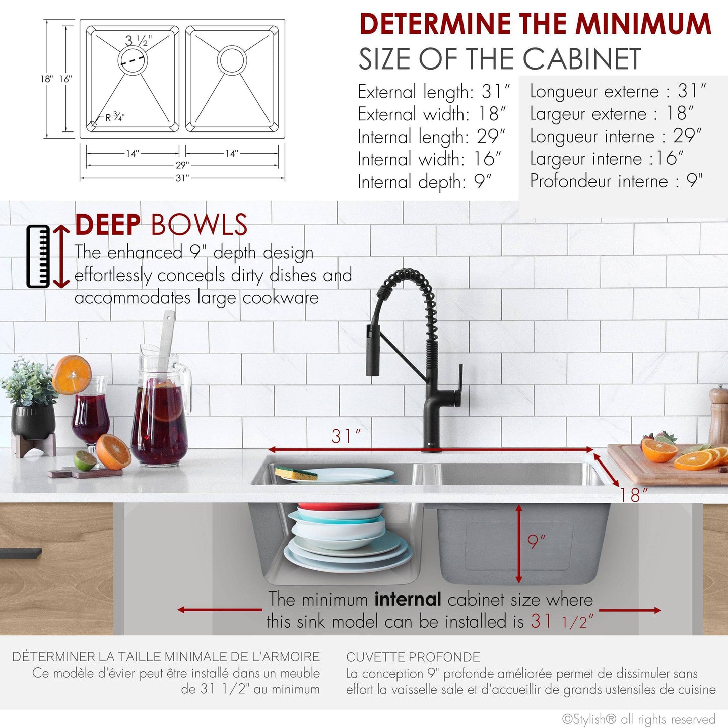 Stylish 31"  Double Bowl Undermount Stainless Steel Kitchen Sink S-401 - Renoz
