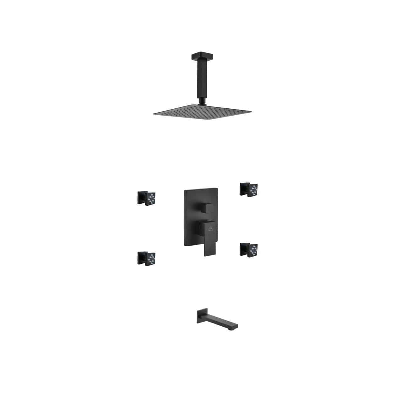 Kube Bath Aqua Piazza Black Shower Set With 8" Ceiling Mount Square Rain Shower, Tub Filler and 4 Body Jets - Renoz