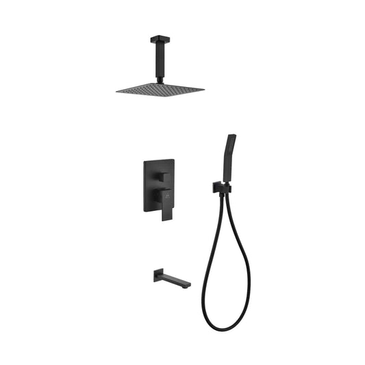 Kube Bath Aqua Piazza Black Shower Set With 8" Ceiling Mount Square Rain Shower, Handheld and Tub Filler - Renoz