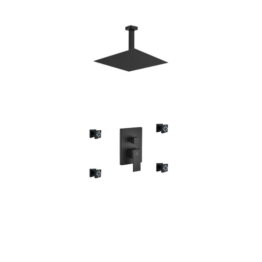 Kube Bath Aqua Piazza Black Shower Set With 12" Ceiling Mount Square Rain Shower and 4 Body Jets - Renoz