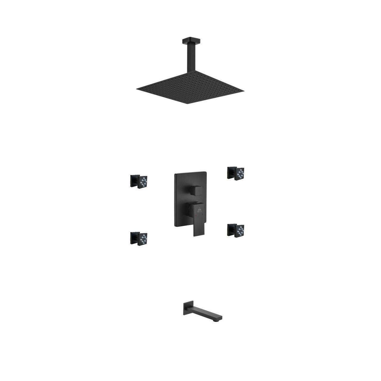 Kube Bath Aqua Piazza Black Shower Set With 12" Ceiling Mount Square Rain Shower, Tub Filler and 4 Body Jets - Renoz