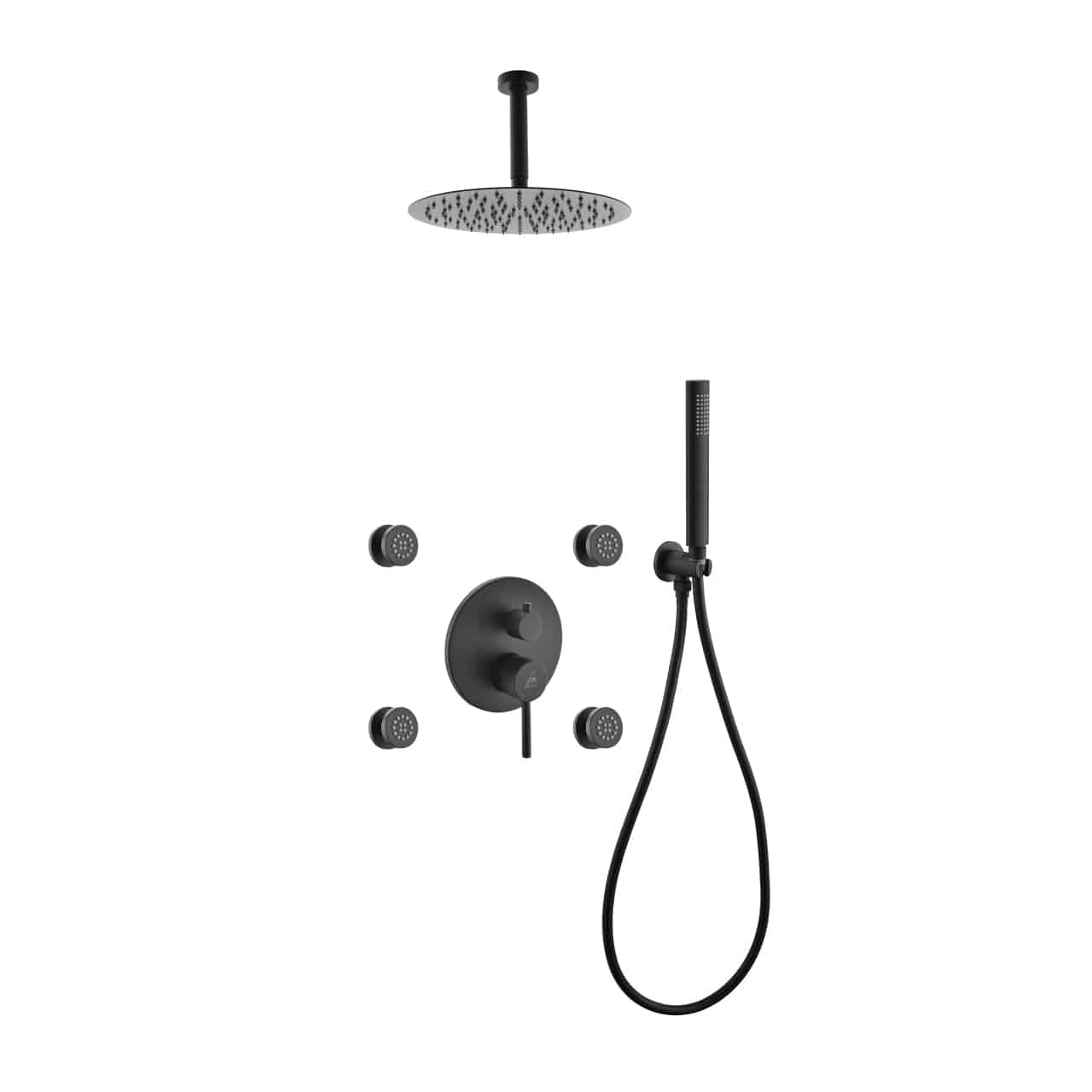 Kube Bath Aqua Rondo Black Brass Shower Set With 8" Round Rain Shower, 4 Body Jets and Handheld - Renoz