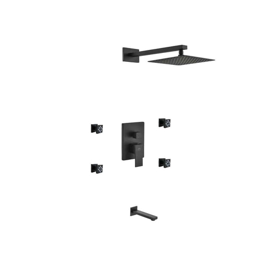 Kube Bath Aqua Piazza Black Shower Set With 8" Square Rain Shower, 4 Body Jets and Tub Filler - Renoz