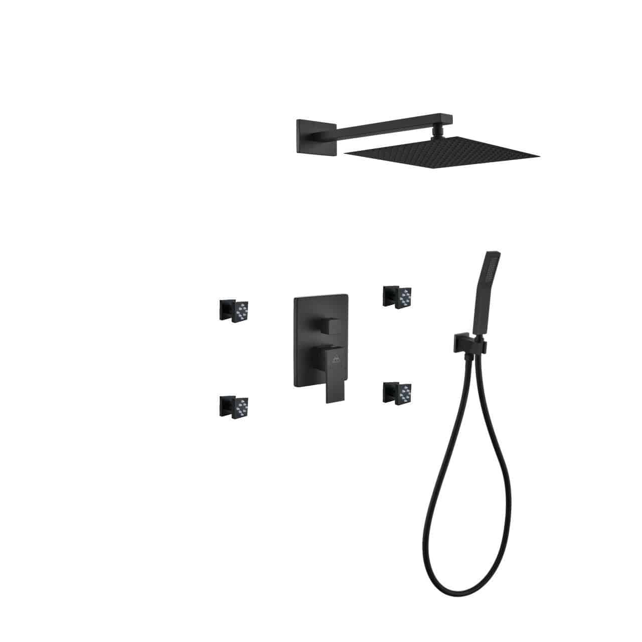 Kube Bath Aqua Piazza Black Shower Set With 12" Square Rain Shower, Handheld and 4 Body Jets - Renoz