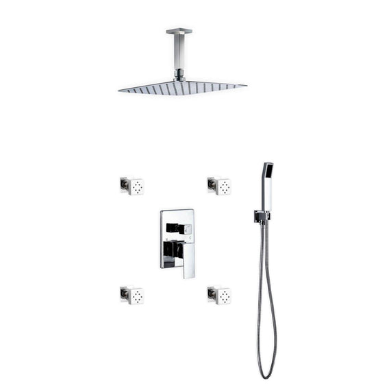 Kube Bath Aqua Piazza Shower Set With 12" Ceiling Mount Square Rain Shower, 4 Body Jets and Handheld Chrome - Renoz