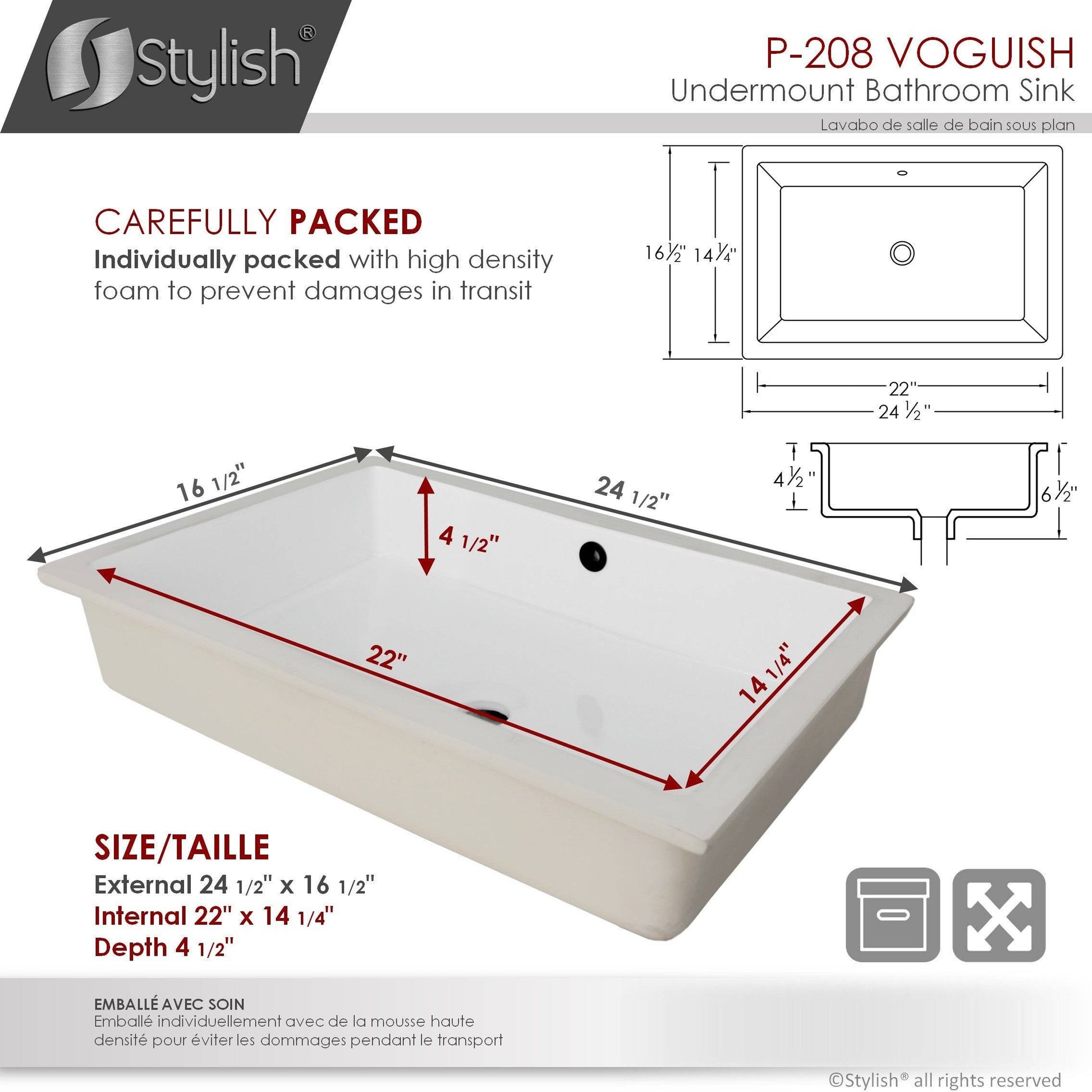 Stylish Voguish 24" x 16" Rectangular Undermount Ceramic Bathroom Sink with 2 Overflow Finishes P-208 - Renoz