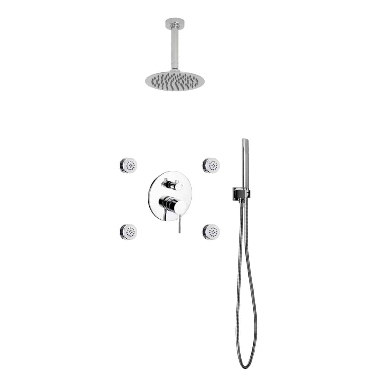 Kube Bath Aqua Rondo Chrome Brass Shower Set With 8" Round Rain Shower, 4 Body Jets and Handheld - Renoz