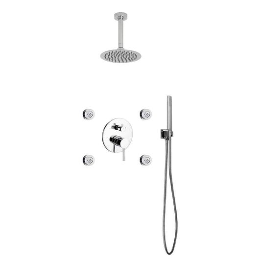 Kube Bath Aqua Rondo Chrome Brass Shower Set With 8" Round Rain Shower, 4 Body Jets and Handheld - Renoz