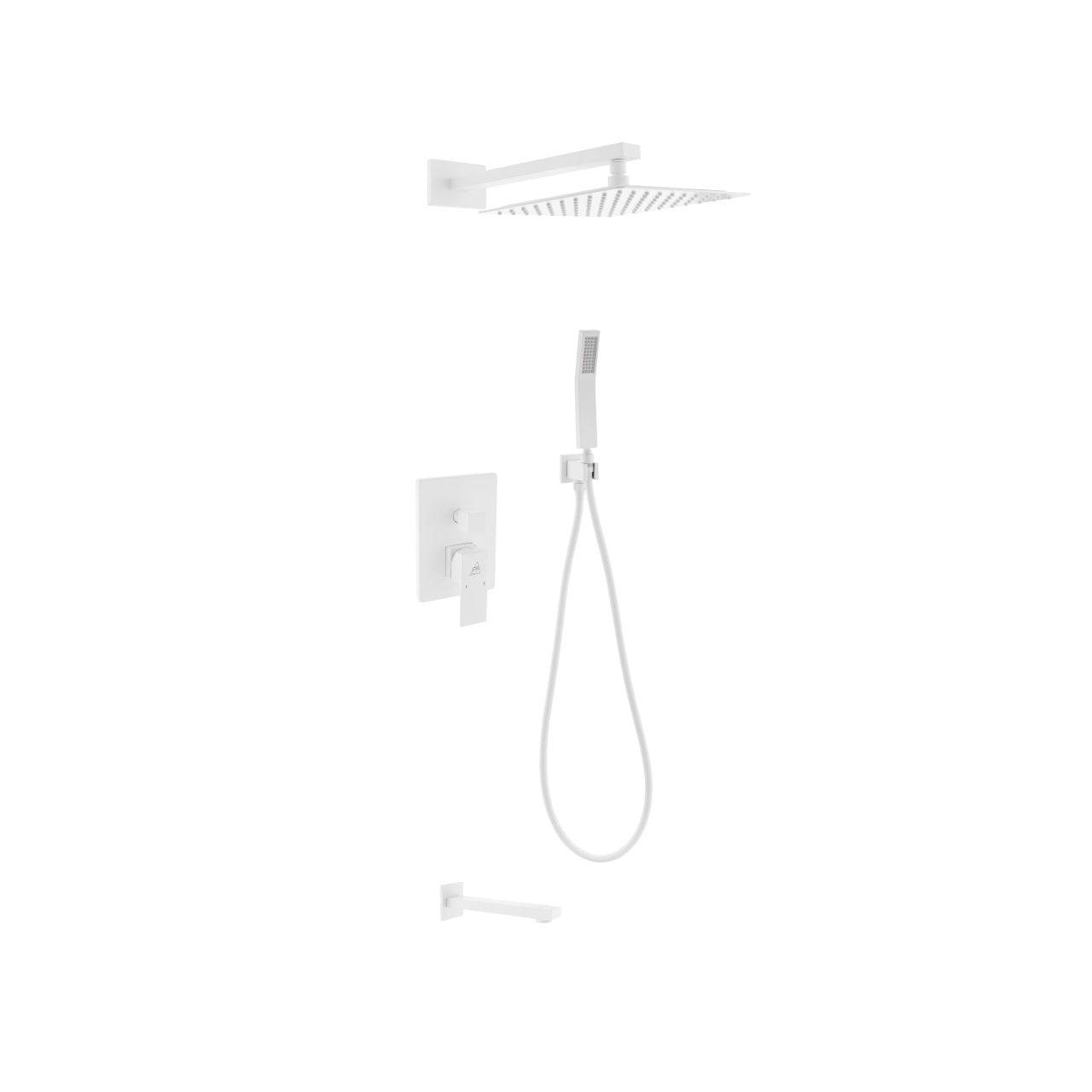 Kube Bath Aqua Piazza White Shower Set W/ 12″ Square Rain Shower, Tub Filler and Handheld - Renoz