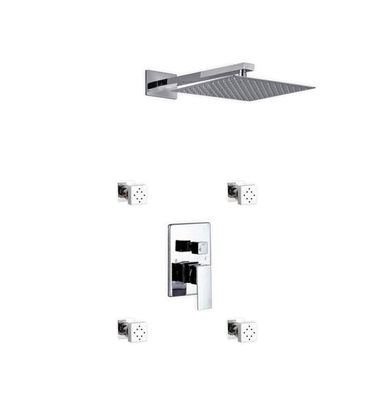 Kube Bath Aqua Piazza Shower Set With 12" Square Rain Shower and 4 Body Jets Chrome - Renoz