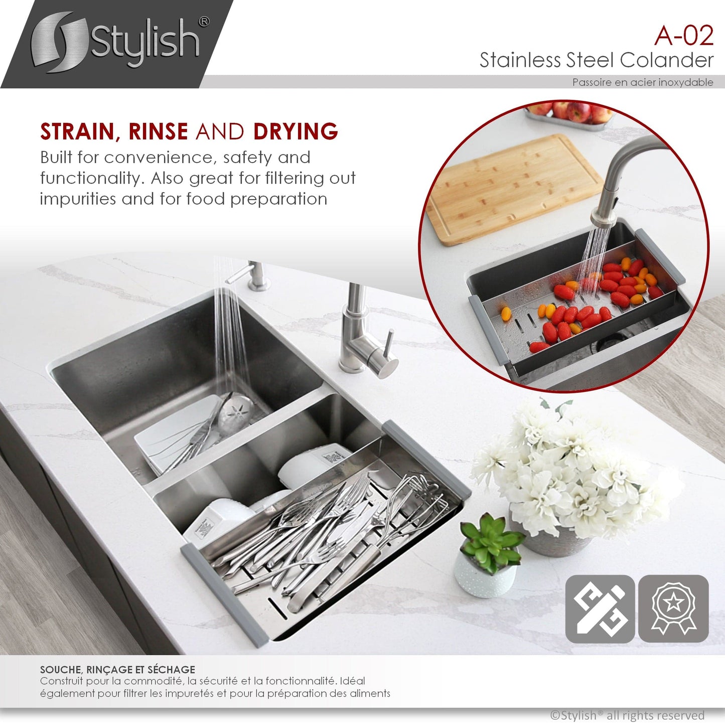 Stylish 17"L x 8"W Stainless Steel Over the Sink Colander with Non-slip Handle A-02 - Renoz