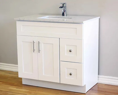 Bella 36" Solid Wood Vanity with Quartz Countertop - 2 Drawers on Right Side and 2 Doors