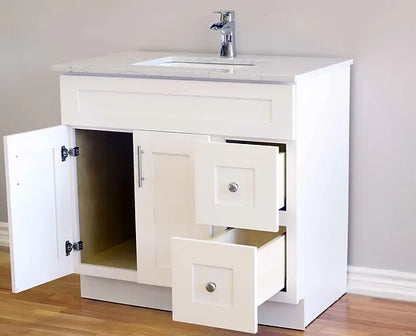 Bella 36" Solid Wood Floor Mount Vanity with Quartz Countertop - 2 Drawers on Right Side and 2 Doors