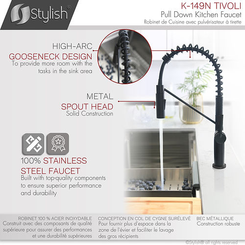Stylish Kitchen Sink Faucet Single Handle Pull Down Dual Mode Matte Black Finish K-149N