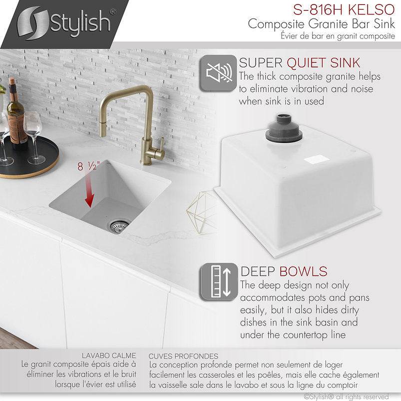 Stylish Kelso 15.5" x 17.5" Dual Mount Single Bowl White Composite Granite Kitchen Sink with Strainer - Renoz