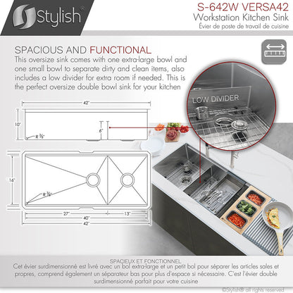 Stylish - 42 Inch Workstation 70/30 Double Bowl Undermount 16 Gauge Stainless Steel Kitchen Sink With Accessories Included( S-642W )