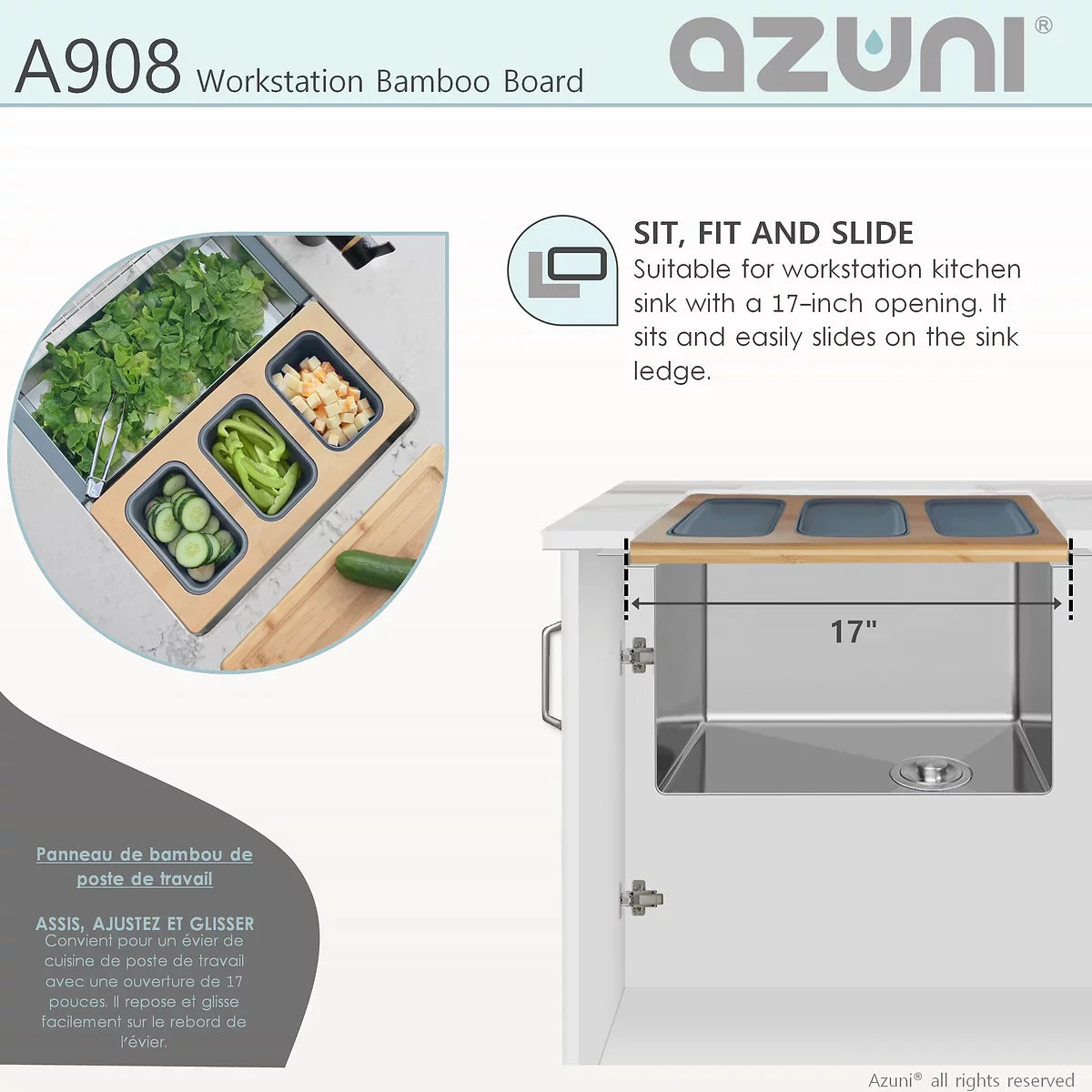 Azuni 17" Workstation Sink Bamboo Serving Board Set With 3 Containers A908