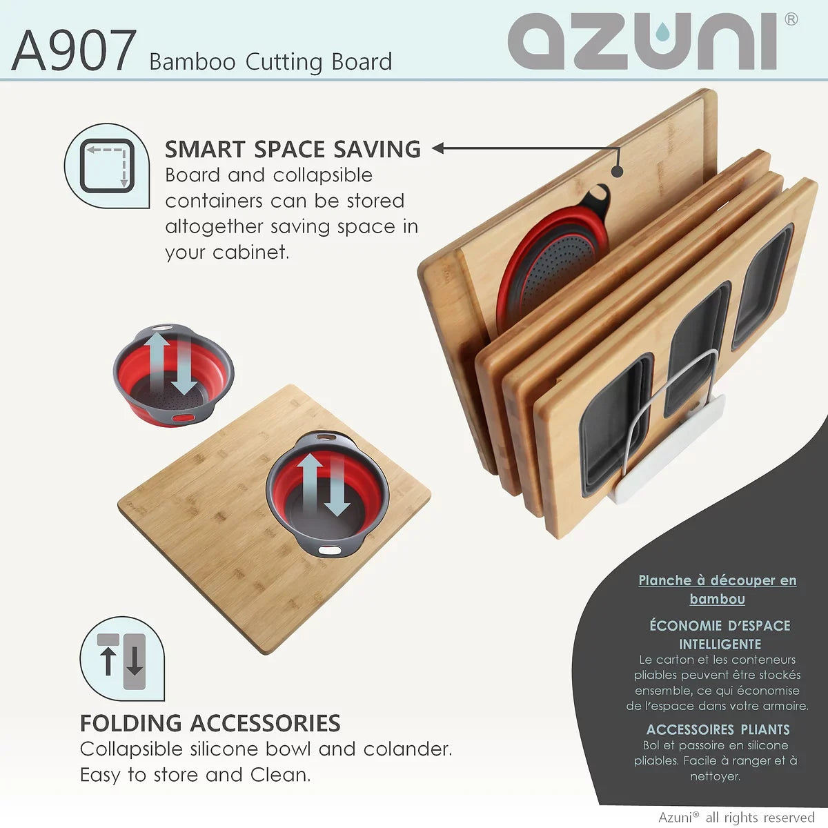 Azuni 16" Bamboo Cutting Board With Colander and Bowl Set A907