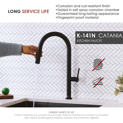 Stylish Catania 17.25" Kitchen Faucet Single Handle Pull Down Dual Mode Lead Free Matte Black Finish K-141N - Renoz