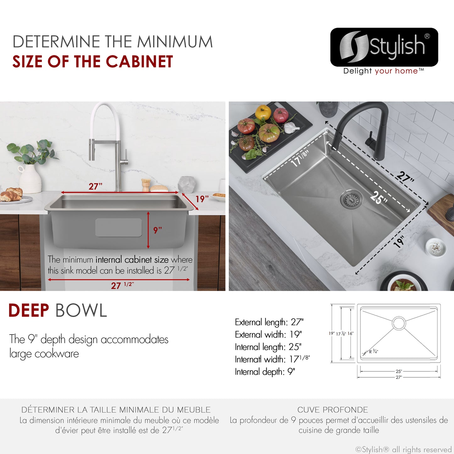 Stylish - Argon 27 inch Workstation Single Bowl Undermount and Drop-in 16 Gauge Stainless Steel Kitchen Sink with Built in Accessories