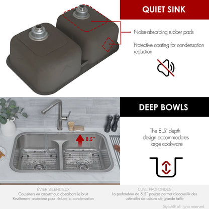 Élégant évier de cuisine à double cuve OLIVINE 32,25" x 18,87", acier inoxydable de calibre 16 avec grilles et crépines standard, S-202XTG 