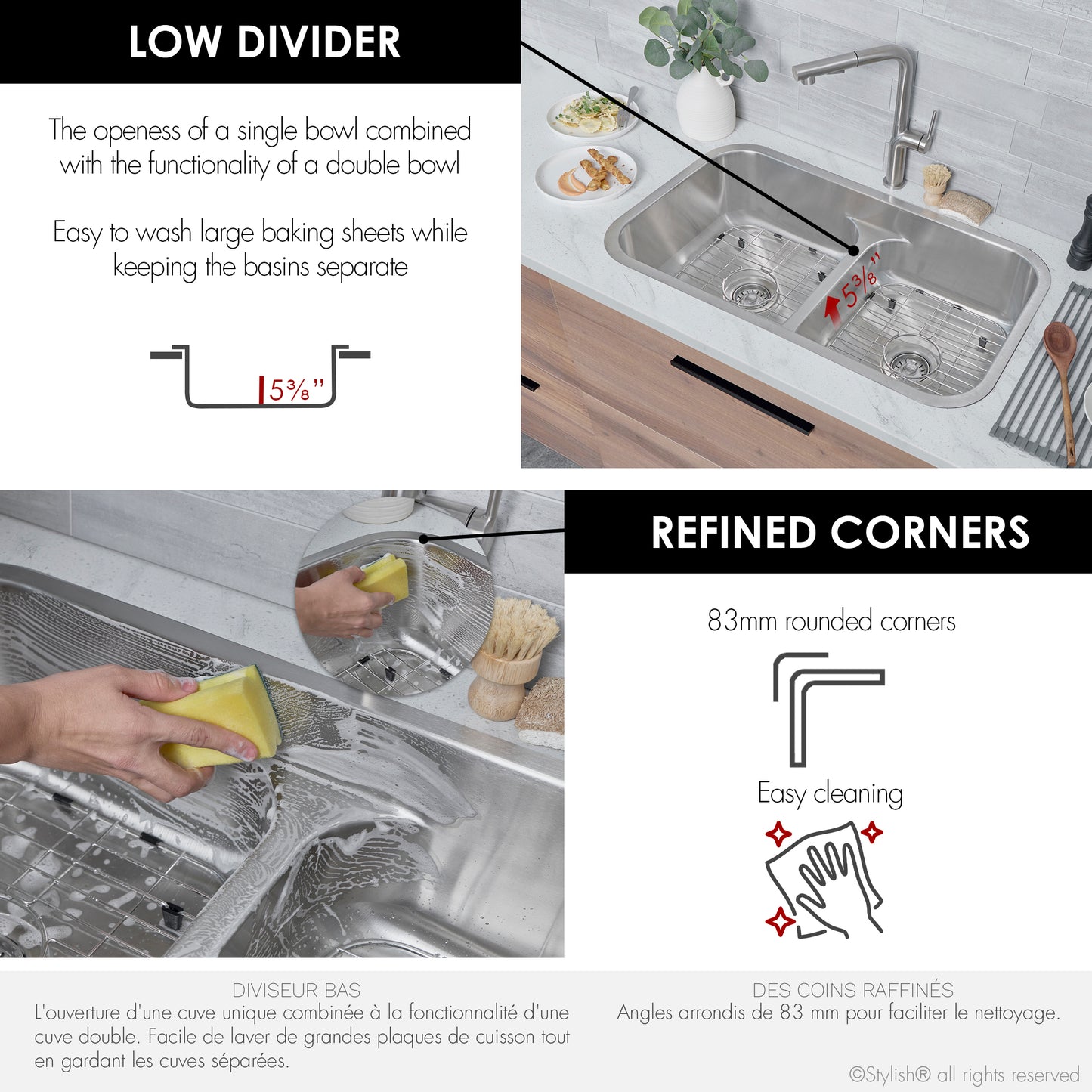 Stylish 32" Low Divider Double Undermount and Drop-in Kitchen Sink S-202XTG