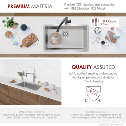 Stylish Malaga 30" Single Bowl Undermount and Drop-in Stainless Steel Kitchen Sink (S-411T) - Renoz