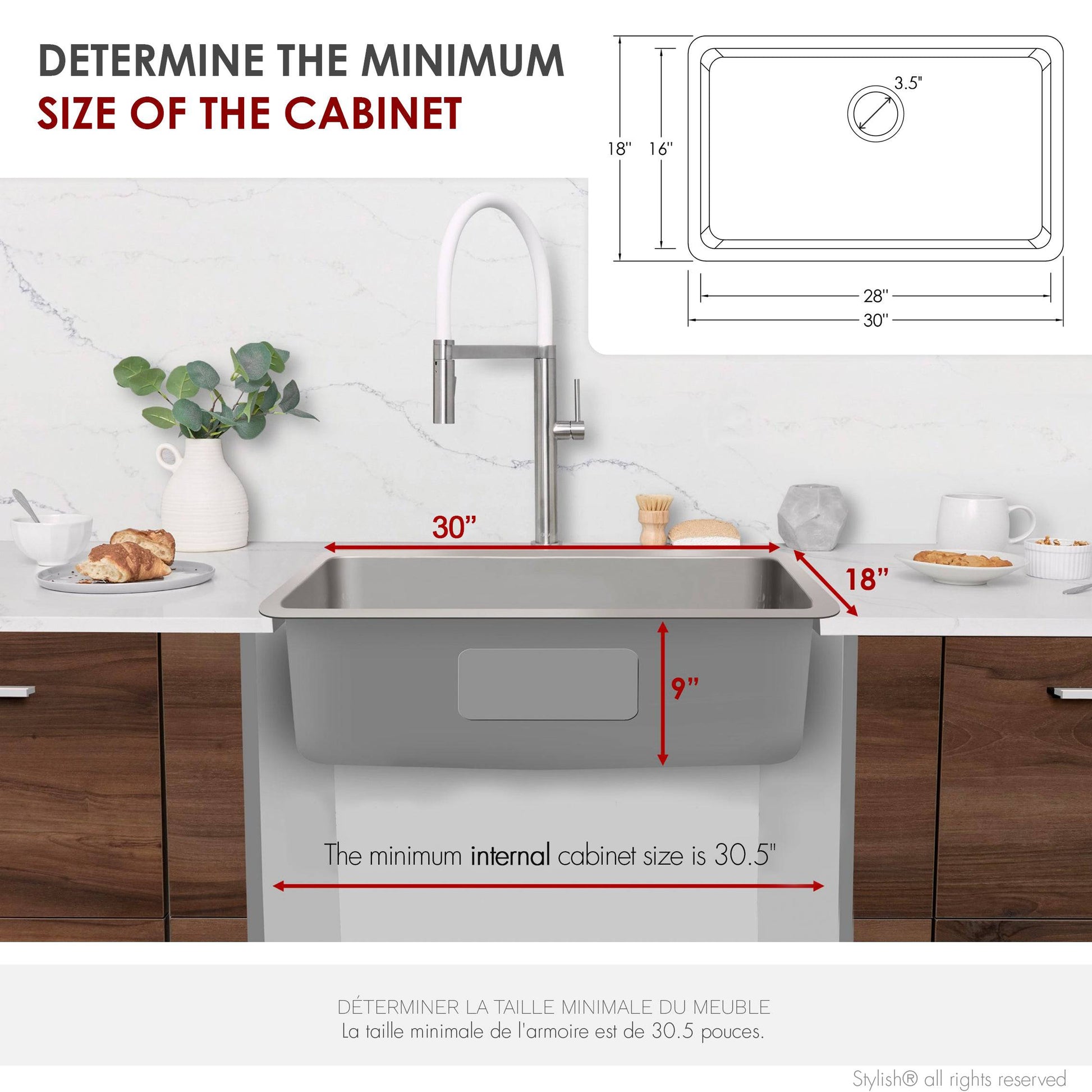 Stylish Malaga 30" Single Bowl Undermount and Drop-in Stainless Steel Kitchen Sink (S-411T) - Renoz