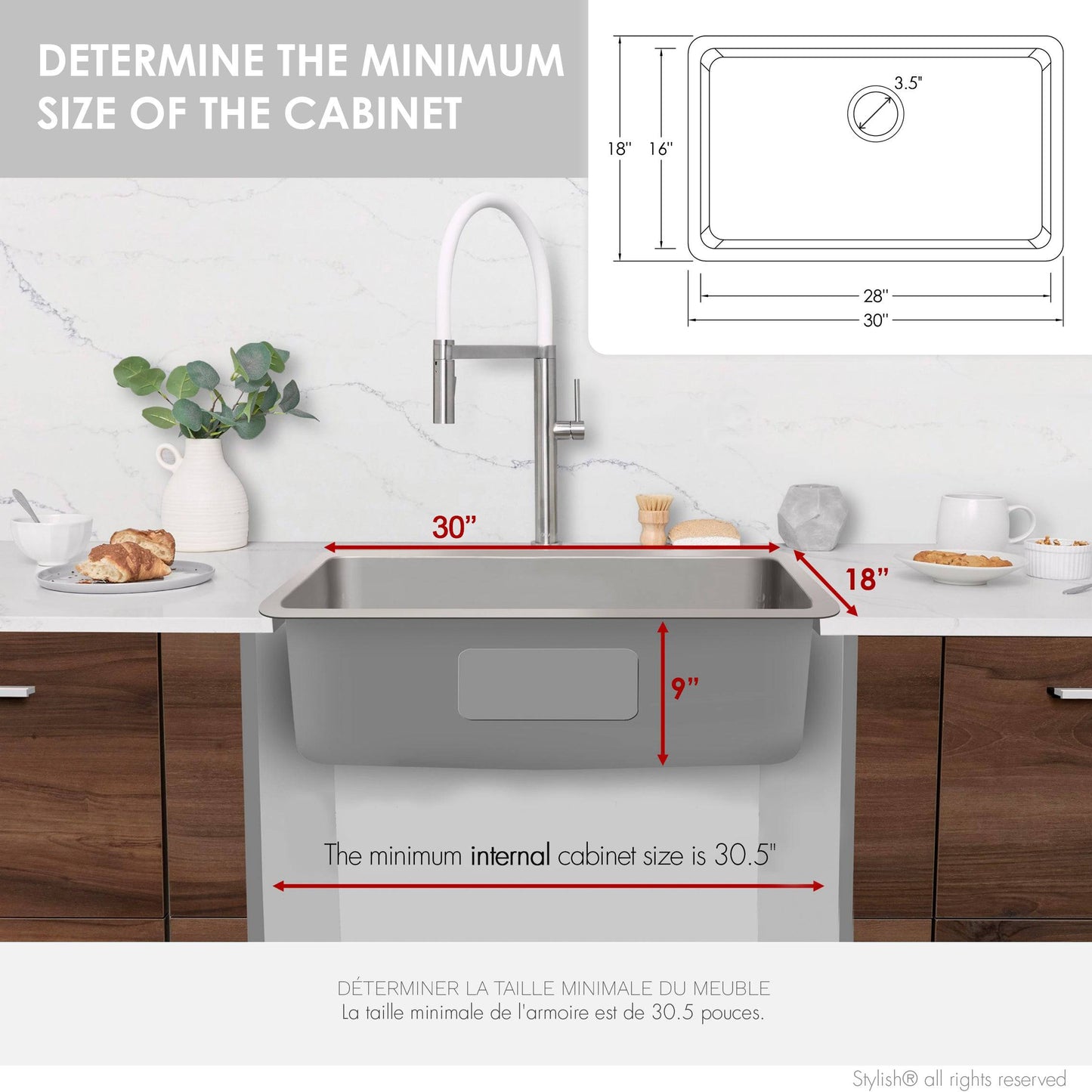 Stylish Malaga  30" Single Bowl Undermount and Drop-in Stainless Steel Kitchen Sink (S-411TG) - Renoz