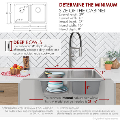 Stylish 29" Double Bowl Undermount and Drop-in Stainless Steel Kitchen Sink (S-414T) - Renoz
