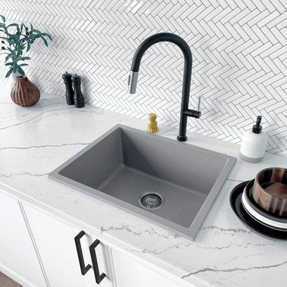 Stylish Aspen 22" x 17.5" Dual Mount Single Bowl Gray Composite Granite Kitchen Sink with Strainer