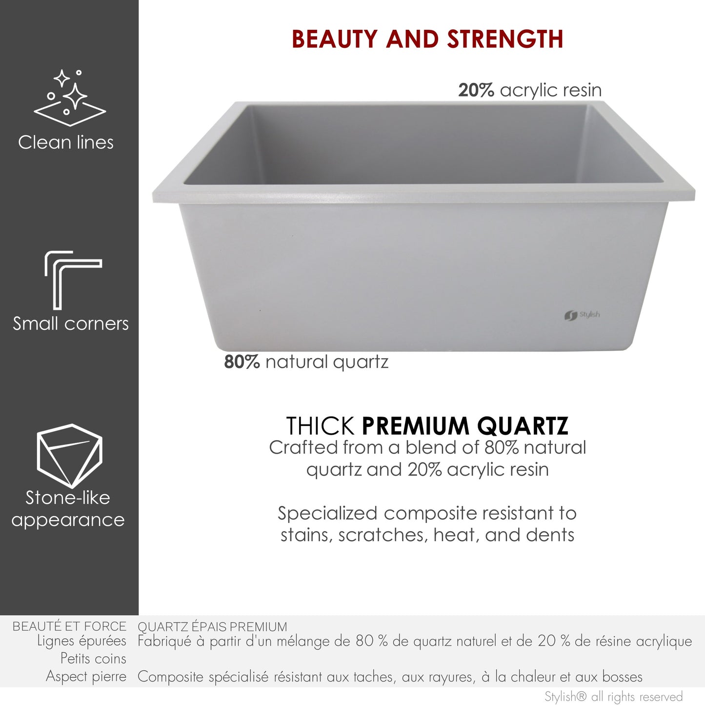 Stylish Aspen 22" x 17.5" Dual Mount Single Bowl Gray Composite Granite Kitchen Sink with Strainer